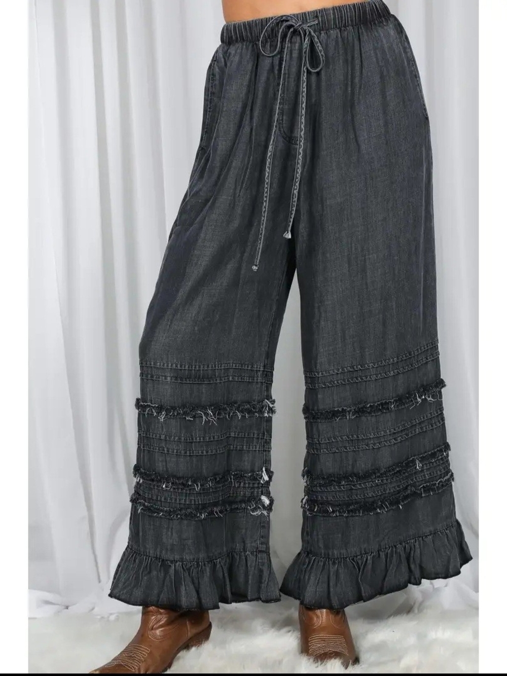 Vine & Love Washed Denim Flared Ruffle Hem Crop Pants